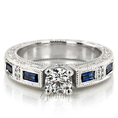 Nostalgic Blue Sapphire And Diamond Engraving Engagement Ring