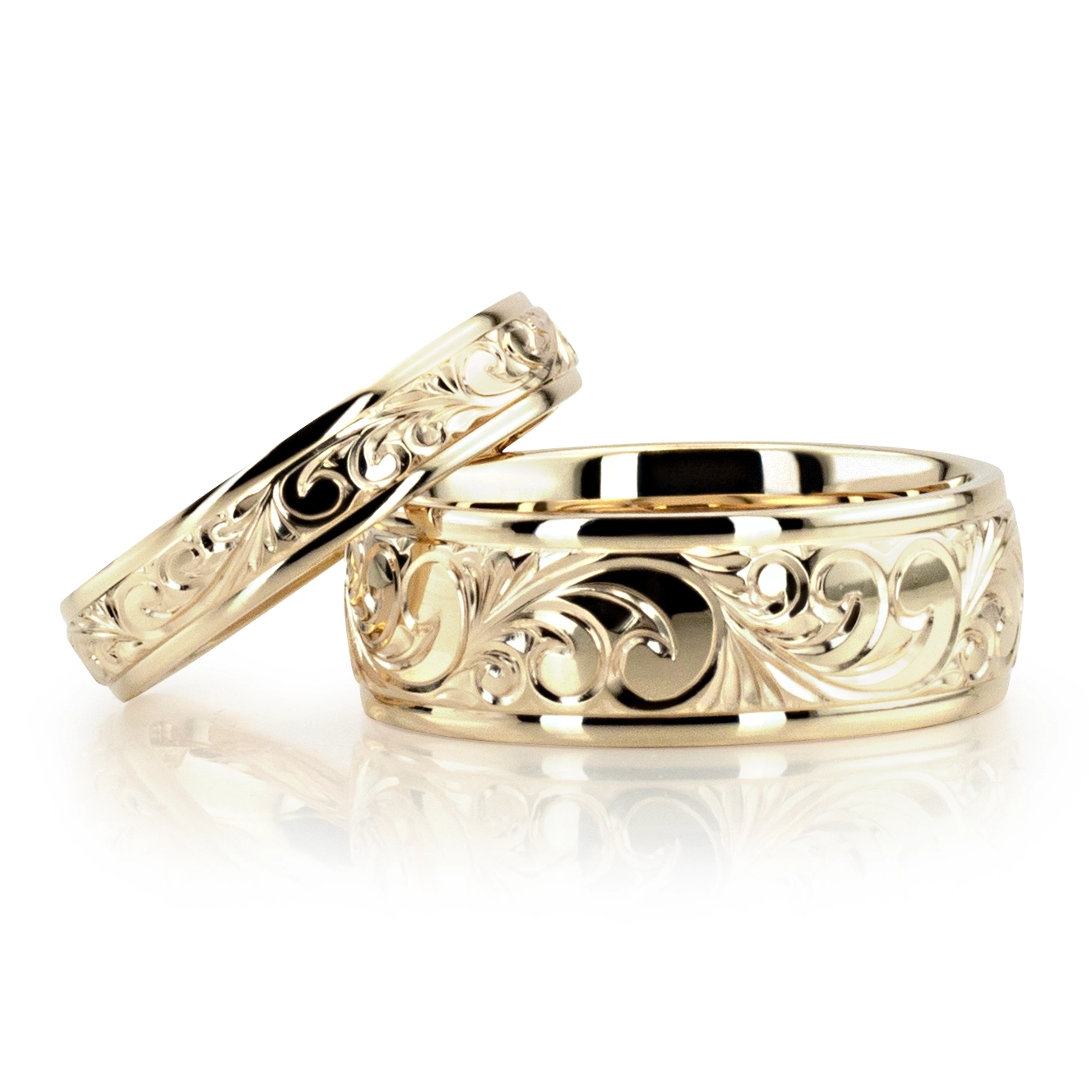 Floral Carved His and Hers Wedding Band Set