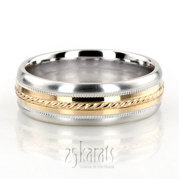 Sturdy comfort fit diamond carved wedding band in gold