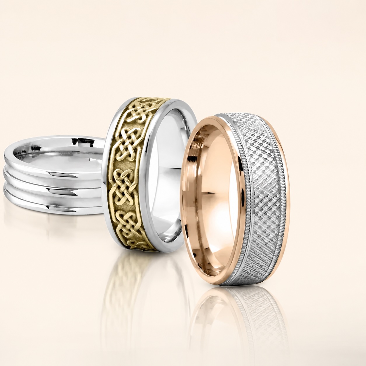 Men's wedding bands in white gold, two-tone Celtic yellow gold, and rose gold