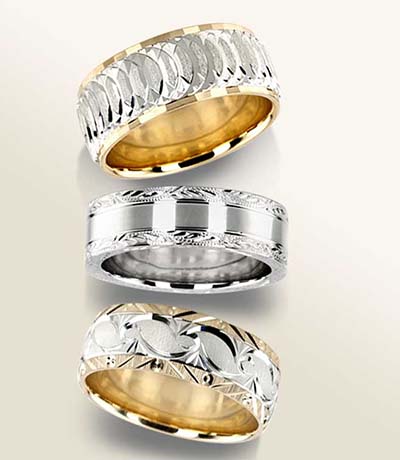 Fancy designer wedding bands - Hand-engraved and two-tone wedding rings