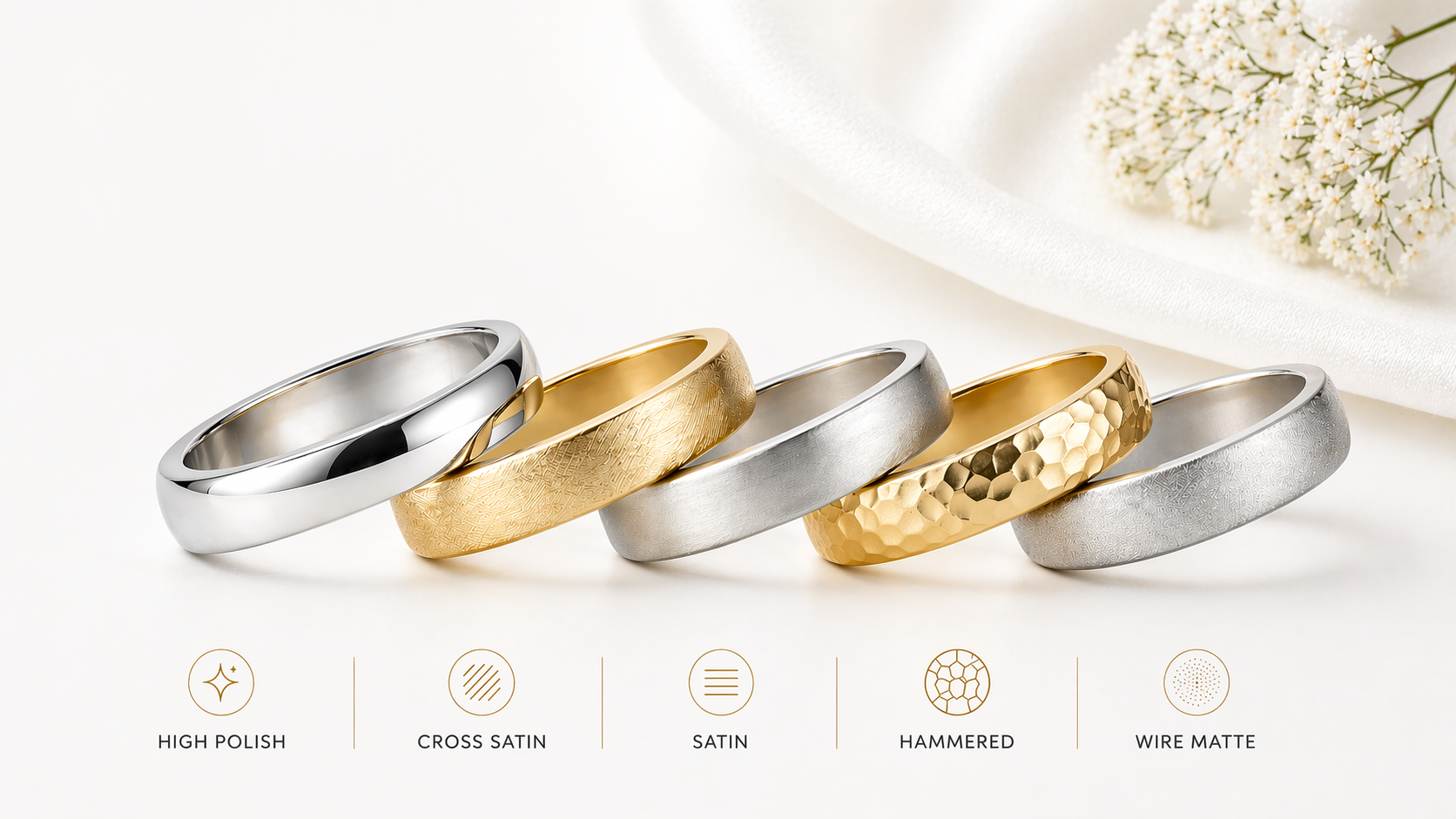 Wedding band finish options including polished, satin, brushed, hammered, and wire matte