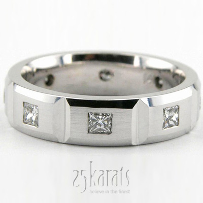Rectangular Grooved Princesss Cut Diamond Wedding Band  - main view
