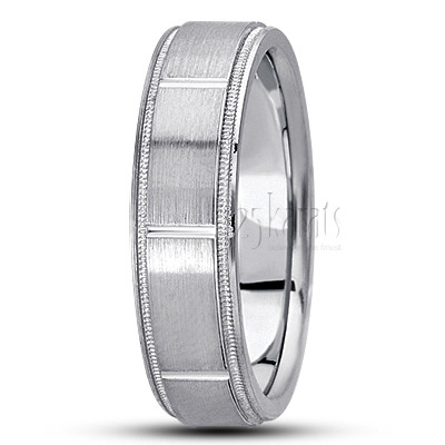Flat Grooved Diamond Carved Wedding Ring