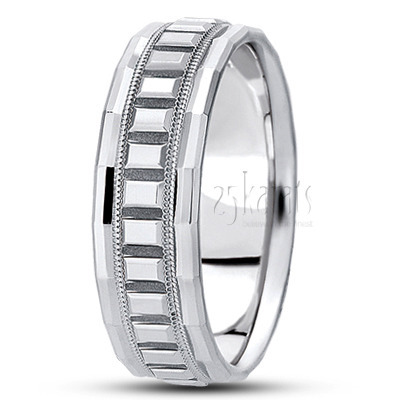 Angular Cut Edge Carved Design Wedding Ring 