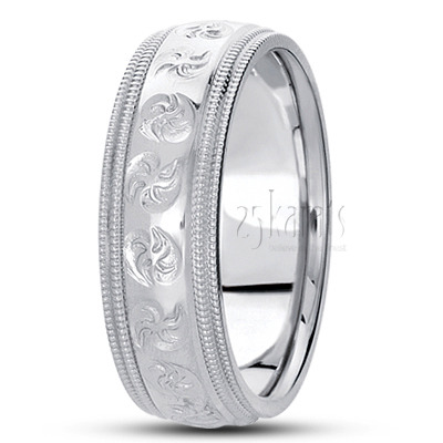 Shiny Double Milgrain Fancy Carved Wedding Band  - main view