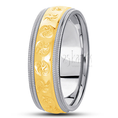 Shiny Double Milgrain Fancy Carved Wedding Band  - view 3