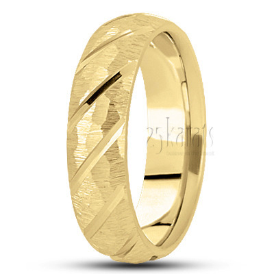 Diagonal Cut Hammered Carved Design Wedding Ring  - view 2 thumbnail