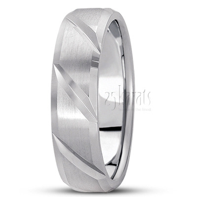 Elegant Diagonal Cut Carved Design Wedding Ring 