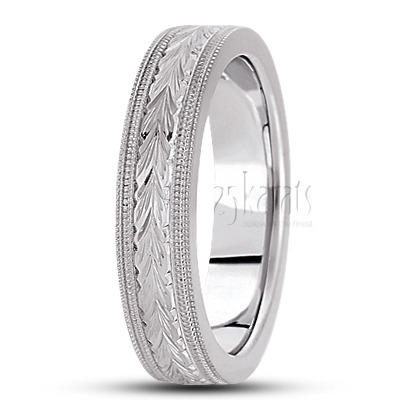 Double Milgrain Floral Carved Wedding Band  - view 5