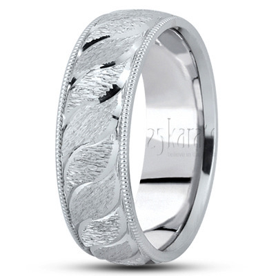 Custom Leaf Design Fancy Carved Wedding Ring  - view 2 thumbnail