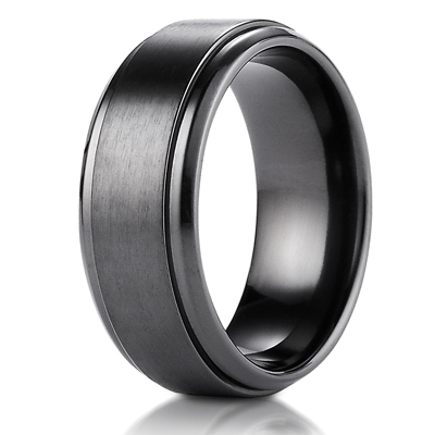 Black Titamium 9mm Comfort-Fit Satin-Finished Stair-Step Edge Design Ring