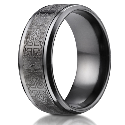 Black Titanium 9mm Comfort-Fit Cathedral Cross Design Ring - view 1