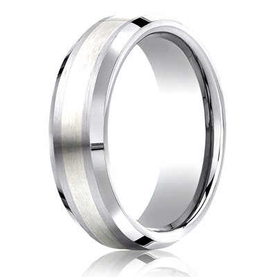 Cobaltchrome™- Silver 7mm Comfort-Fit Satin-Finished Silver Inlay Design Ring