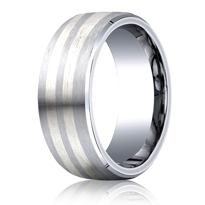 Cobaltchrome™- Silver 8mm Comfort-Fit Satin-Finished Parallel Silver Inlay Design Ring