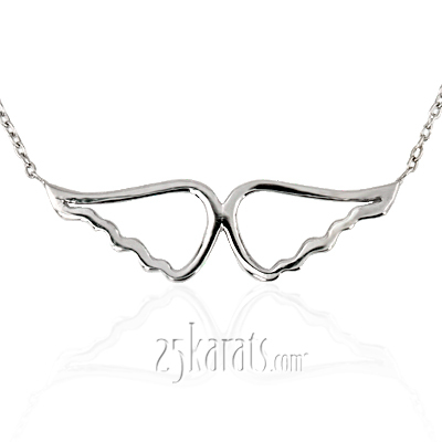 14K White Gold Solid Angel Wings Pendant 