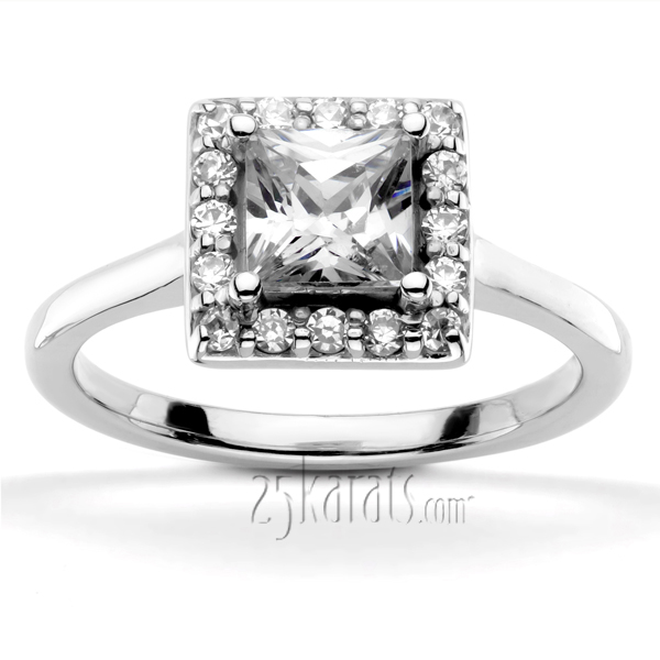 Halo Style Bead Set Diamond Engagement Ring Princess Cut Center 