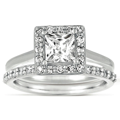 Halo Style Bead Set Diamond Engagement Ring Princess Cut Center thumbnail 5