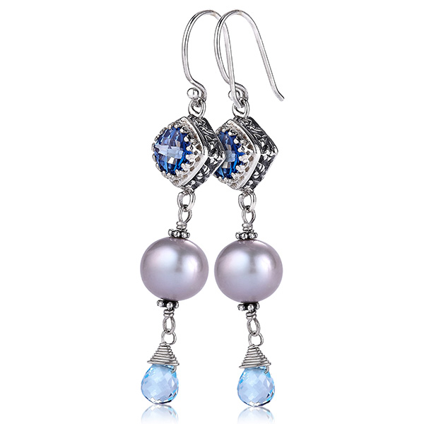 Sterling Silver, Iolite topaz, blue topaz and freshwater pearl earrings
