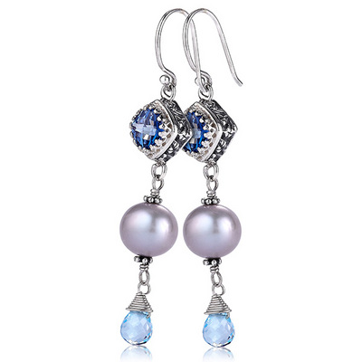 Sterling Silver, Iolite topaz, blue topaz and freshwater pearl earrings