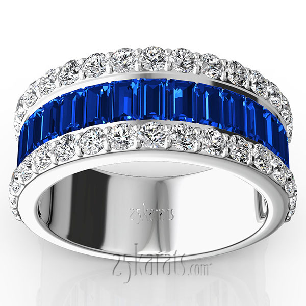 14K white gold Sapphire Baguette And Round Brilliant Diamond Anniversary Band - main view