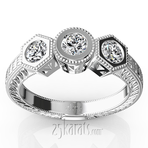 14K white gold Three Stone Antique Bezel Set Diamond Engagement Ring (1.00 ct. tw.) - main view