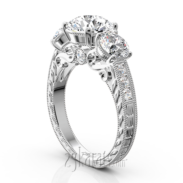 14K white gold Three Stone Antique Inspired Diamond Engagement Ring (1 1/10 ct. tw.) - alternate view 4