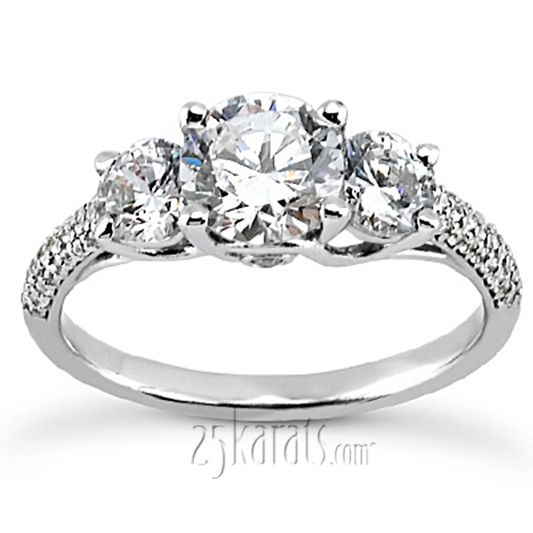 14K white gold Elegant Three-Stone Micro-Pave Engagement Ring (0.84ct) - main view