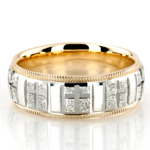 10K yellow-white-yellow gold 7mm. diamond cut basic-carved-religious-wedding-ring - alternate view 2