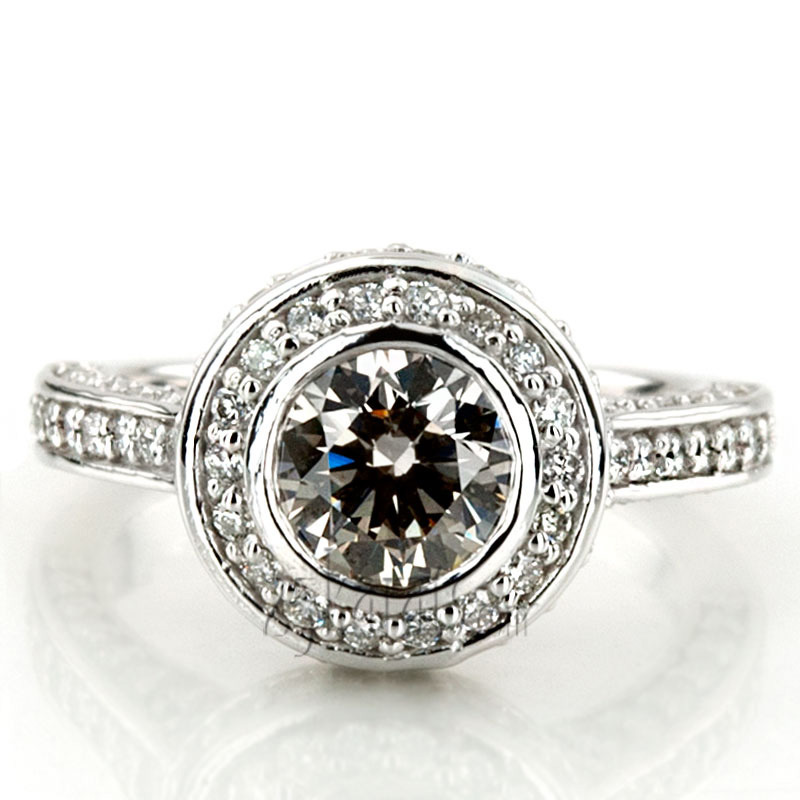 18K white gold Halo Style Pave Set Bezel Center Diamond Engagement Ring (0.98 ct. tw.) - alternate view 4