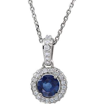 Blue Sapphire And 1/4 ct. t.w. Diamond Entourage 14k White Gold 18" Necklace