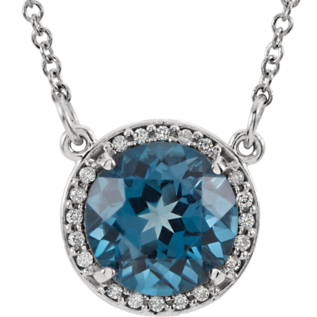 14kt White Gold Blue Topaz And 0.05 CTW Diamond 16" Pendant