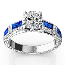 Nostalgic Blue Sapphire And Diamond Engraving Engagement Ring