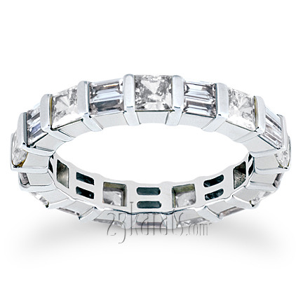 14K white gold 1.62 ct. Princesss Sapphire and Baguette Cut Diamond Eternity Wedding Band 1 - main view
