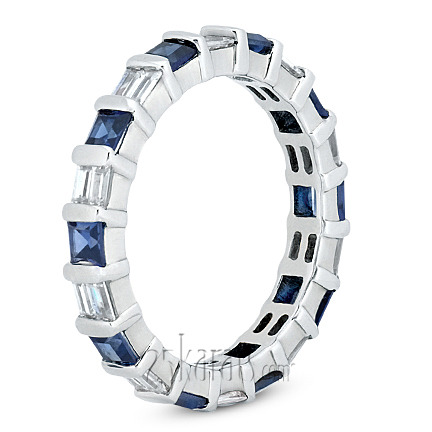 14K white gold Blue Sapphire and 0.72 ct. tw. Baguette Alternating Eternity Band - alternate view 3