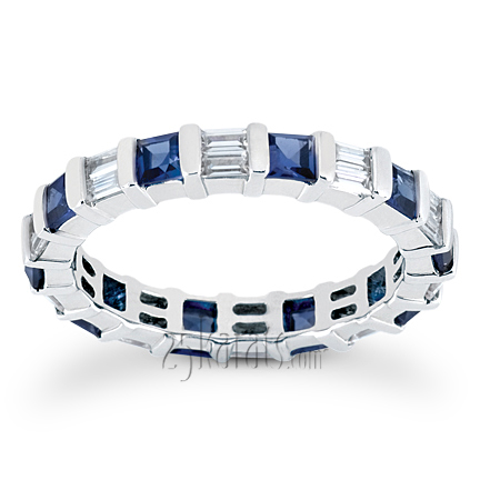 Blue Sapphire & 0.80 ct. tw. Baguette Alternating Eternity Band - view 1