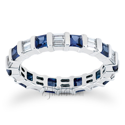 Blue Sapphire and 0.80 ct. tw. Baguette Alternating Eternity Band thumbnail 1