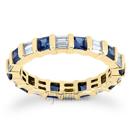 14K white gold Blue Sapphire and 0.80 ct. tw. Baguette Alternating Eternity Band - alternate view 2