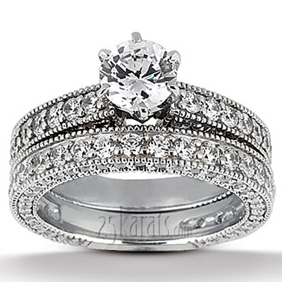 14K white gold Prong Set Mill Grained Diamond Bridal Ring (0.93 ct. tw.) - alternate view 3