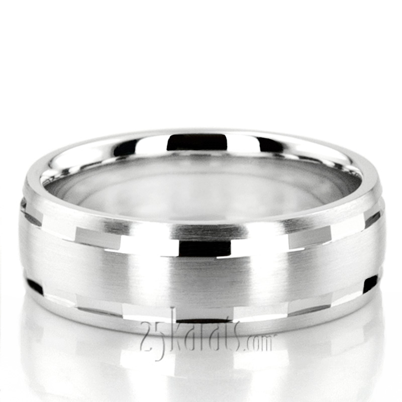 Angled Cut Carved Design Wedding Ring 