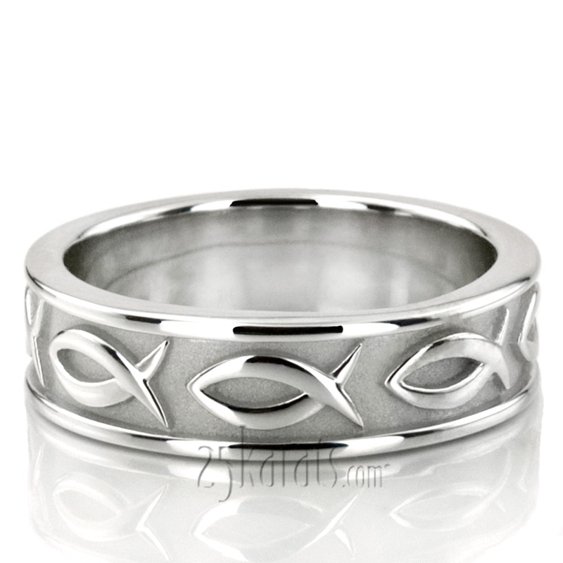 Ichthus Jesus Fish Motif Christian Wedding Band 