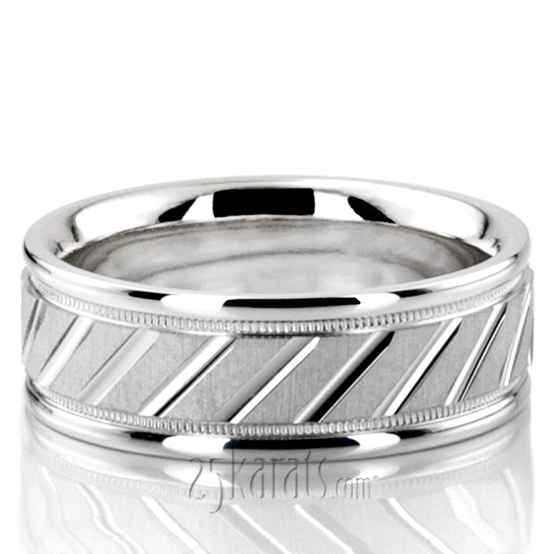 Diagonal Cut Milgrain Diamond Carved Wedding Band 