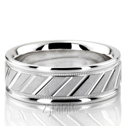 Diagonal Cut Milgrain Diamond Carved Wedding Band 