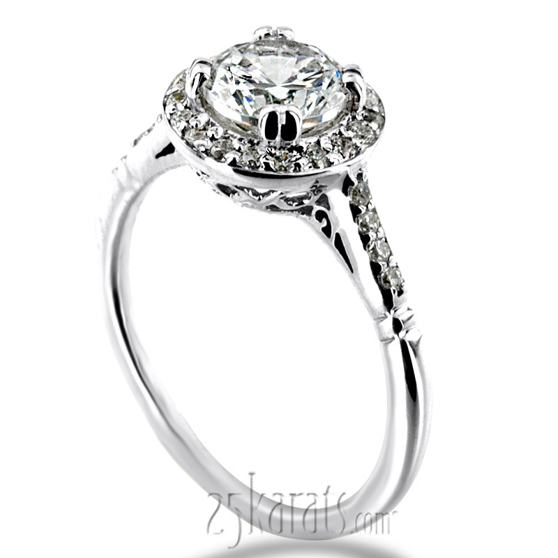 14K white gold Micro Pave Halo Antique Inspired Diamond Engagement Ring (1/5 ct. tw.) - main view