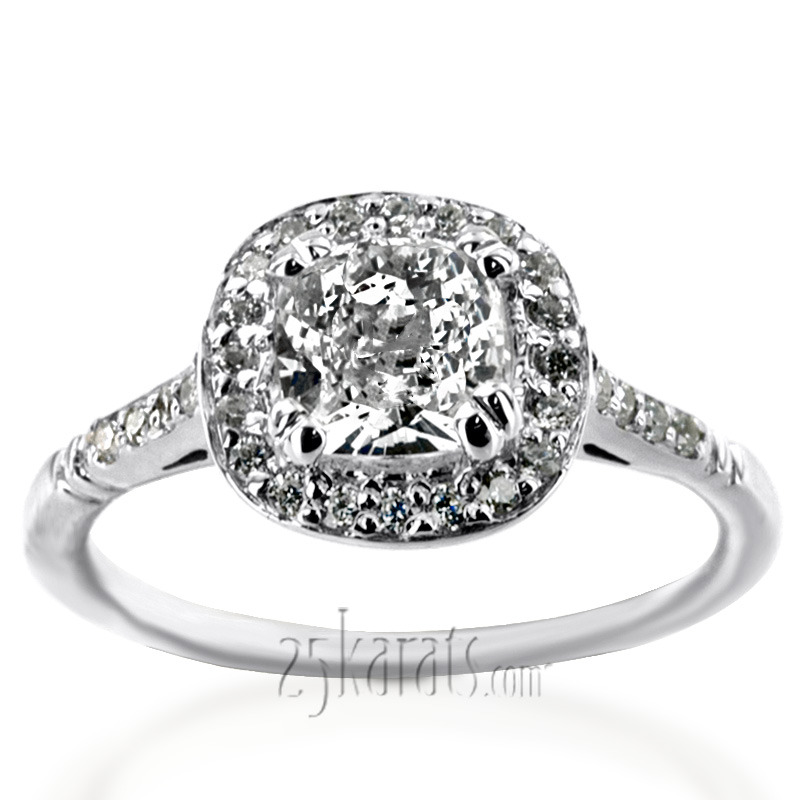 14K white gold Micro Pave Cushion Halo Antique Inspired Engagement Ring (1/5 ct. tw.) - main view