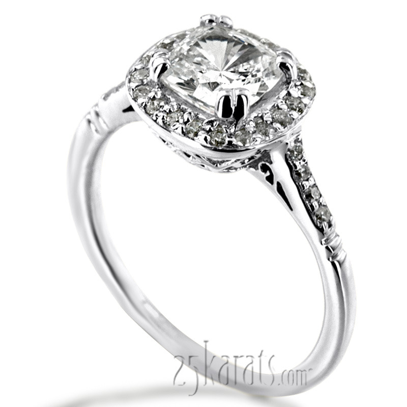 14K white gold Micro Pave Cushion Halo Antique Inspired Engagement Ring (1/5 ct. tw.) - alternate view 3