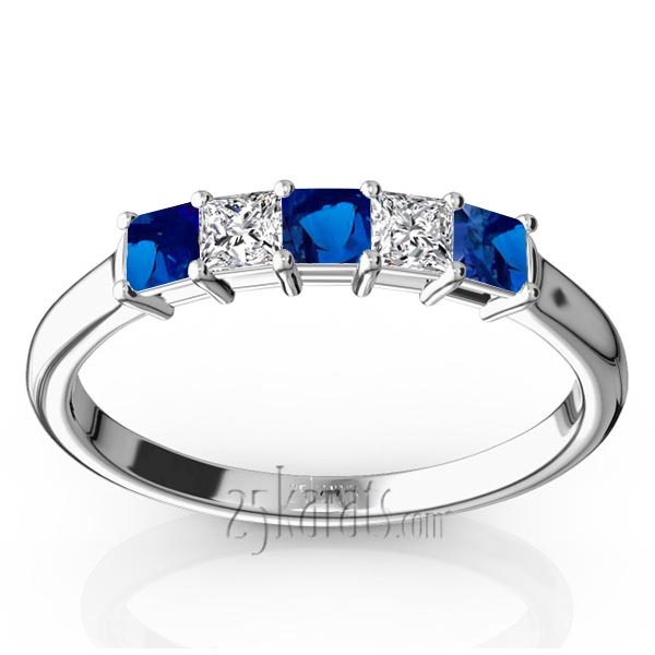 14K white gold Princess Cut Blue Sapphire & Diamond Anniversary Band - main view