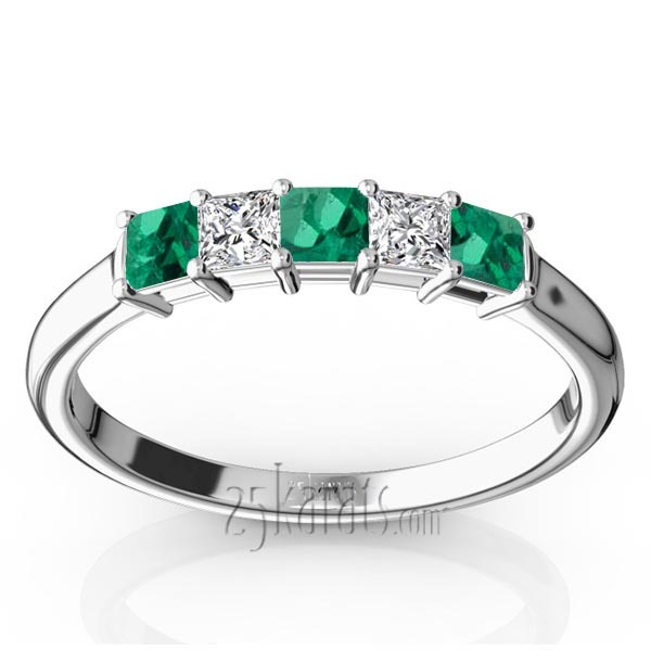 14K white gold Princess Cut Emerald & Diamond Anniversary Band - main view