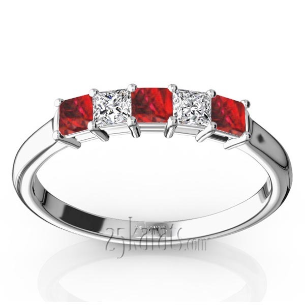 14K white gold Princess Cut Ruby & Diamond Anniversary Band - main view