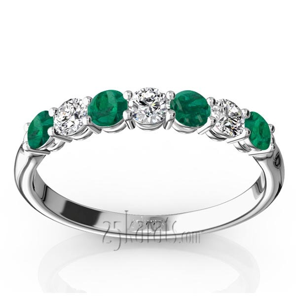 14K white gold 7-Stone Emerald & Diamond Alternating Anniversary Band - main view